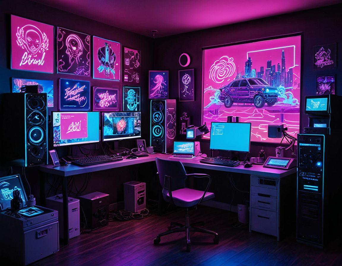 A whimsical scene depicting a computer setup adorned with colorful hentai artwork on the screens, surrounded by various internet connection symbols like waves and signals. The room is dimly lit with neon lights creating an inviting, playful atmosphere. Include snacks and drinks scattered around to evoke a relaxed vibe, capturing the essence of adult entertainment comfort. cyberpunk. vibrant colors.