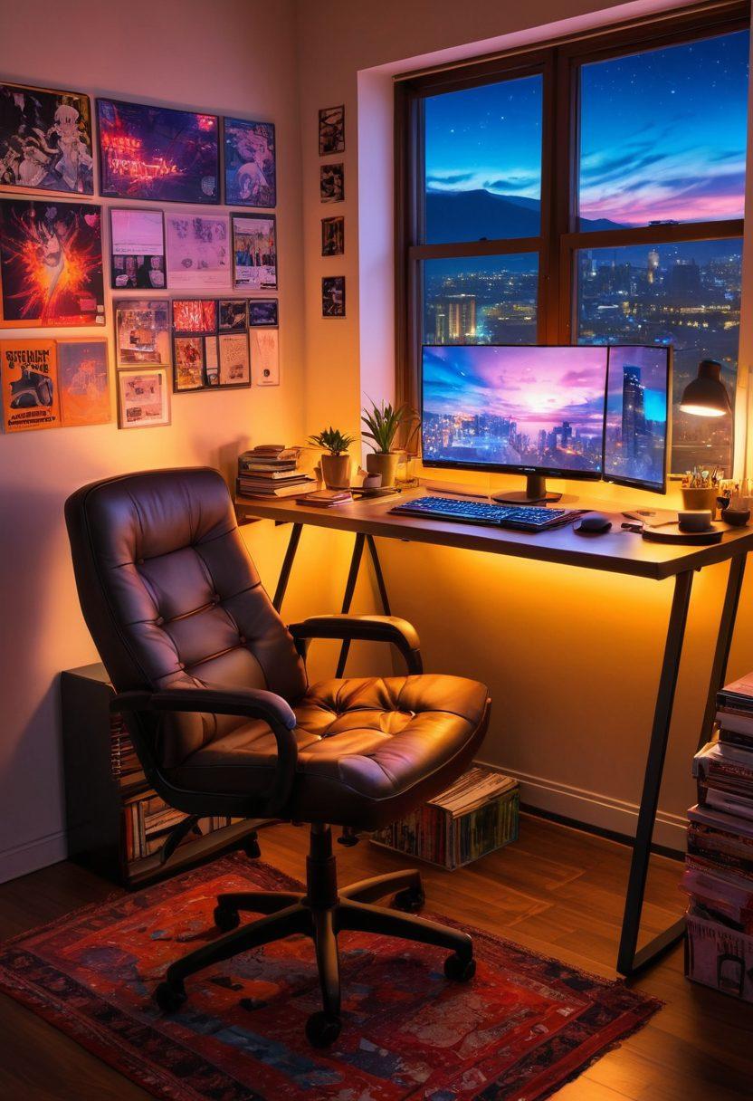 A cozy room with a comfortable chair, a stylish computer desk displaying a vibrant anime screen, and manga books scattered around. The atmosphere is dimly lit, with colorful neon lights illuminating anime posters on the walls. A steaming cup of tea or coffee sits beside the keyboard, inviting the viewer into an immersive hentai experience. super-realistic. vibrant colors. warm lighting.